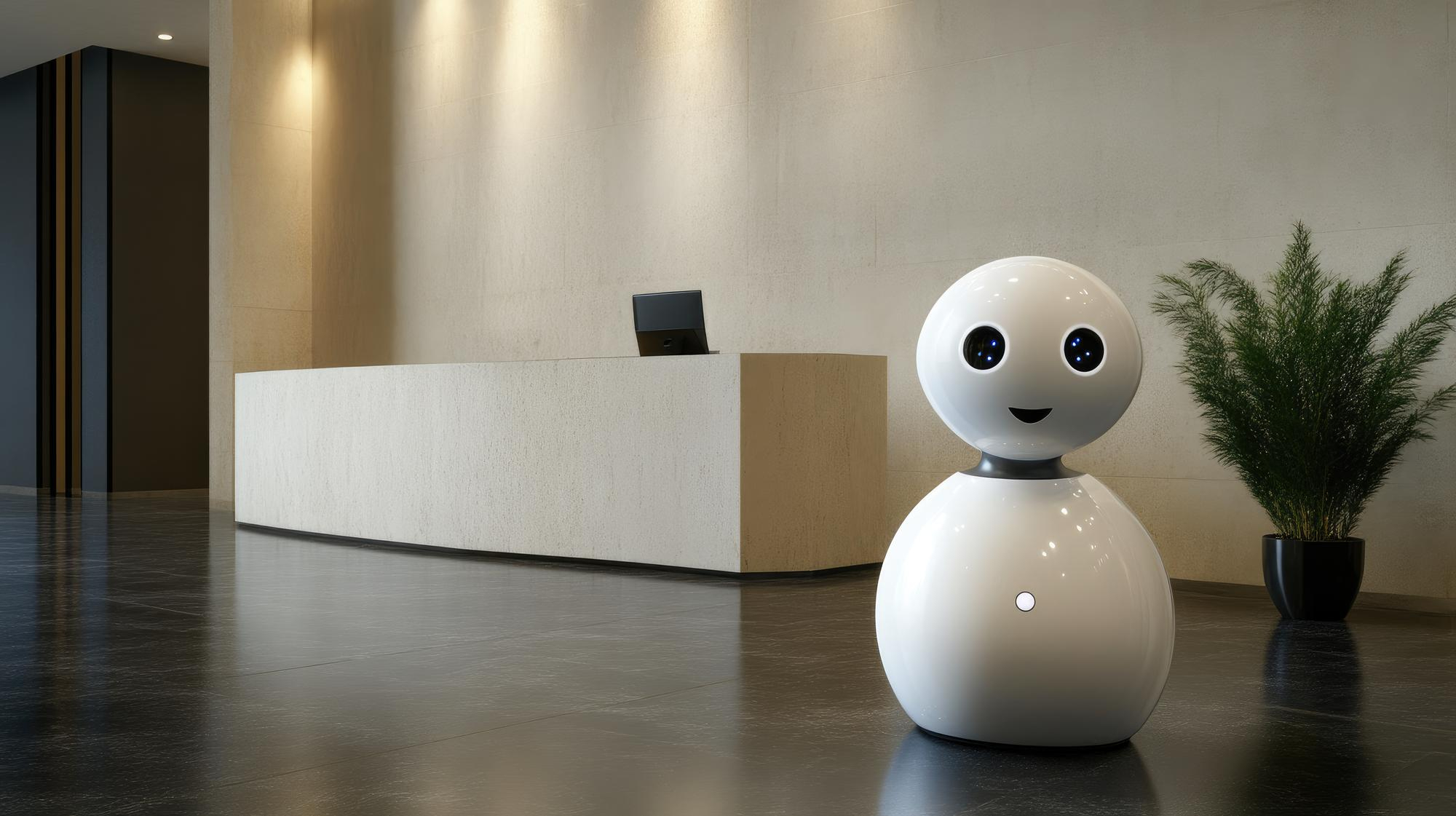 AI receptionist robot beside a reception desk, illustrating automated customer call handling.