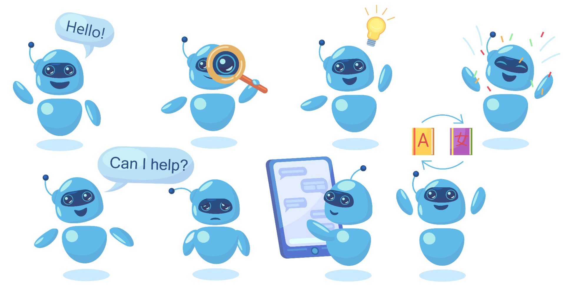 Blue AI chatbot assistants illustrating med spa answering, appointment booking, and multilingual support.
