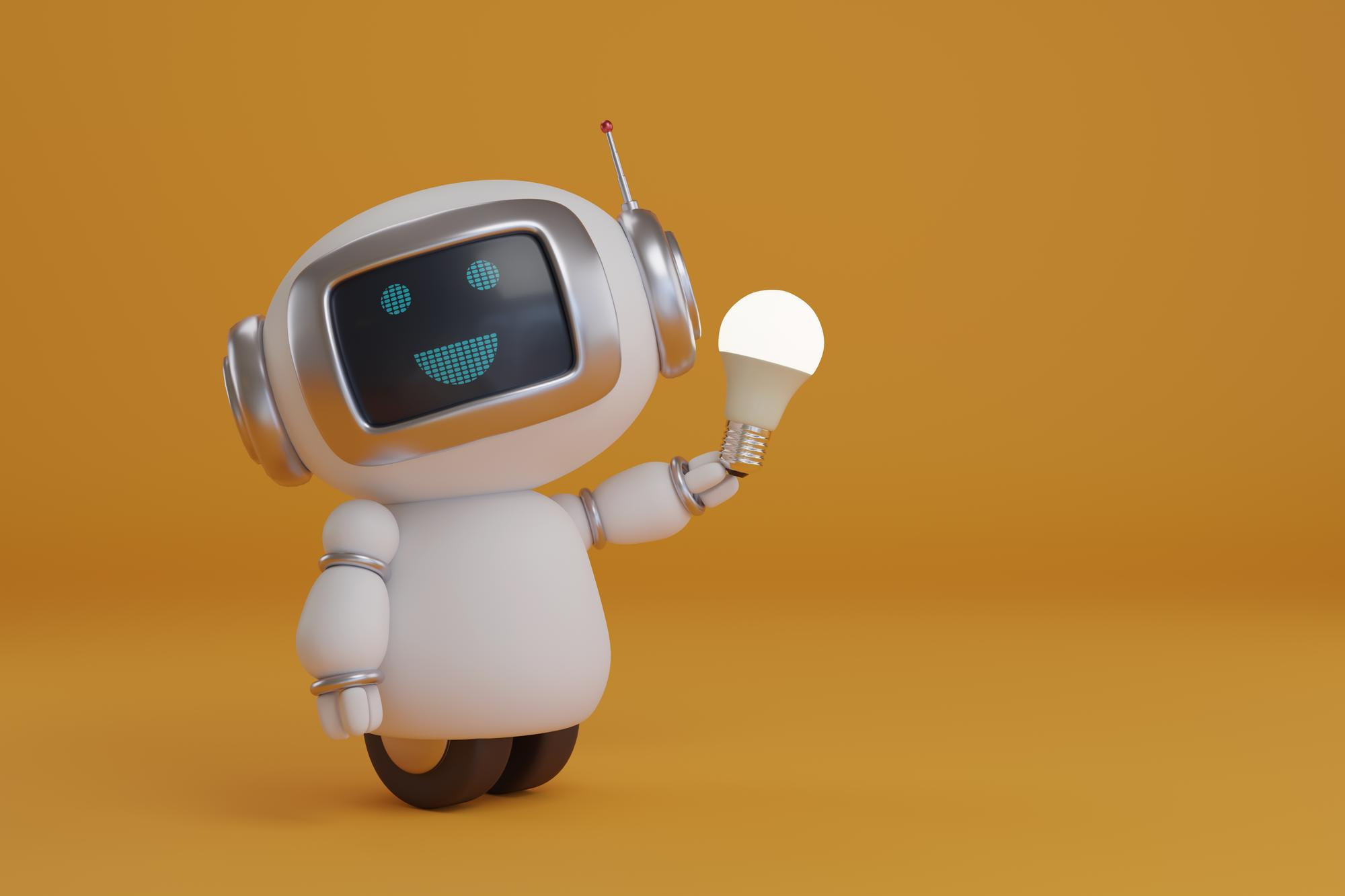 Friendly AI receptionist robot holding a glowing lightbulb, illustrating a multilingual AI receptionist answering calls in different languages.