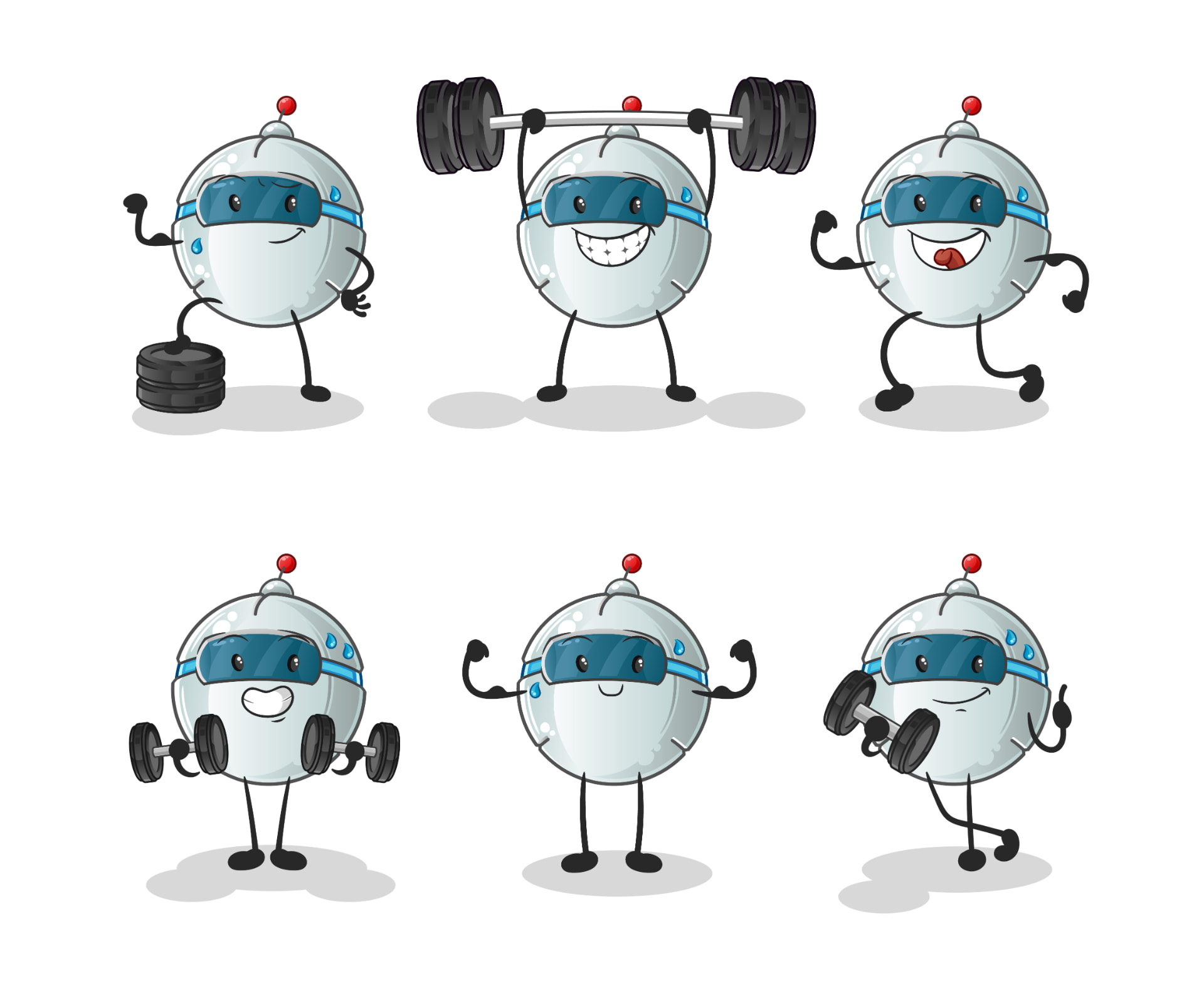 AI sales agent robot mascots exercising with weights, illustrating lead follow-up and membership growth for gyms.